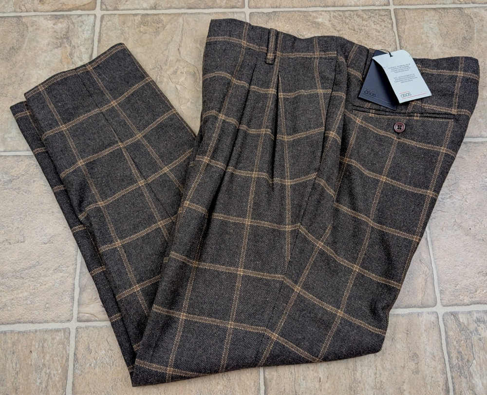 ASOS sz 32/32 Pleated Wool Blend Pants measures 30/25 brown plaid 1683